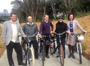 Waitemata Local Board Chair, Shale Chambers, Member Vernon Tava, Member Christopher Dempsey, Mayor Len Brown and Deputy Chair, Pippa Coom, by the Wellesley Street underpass.